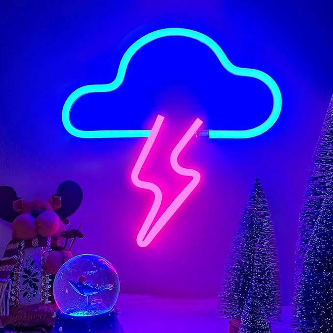 LED Cloud & Lightning Neon Sign – Battery/USB Powered Wall Light for Bedroom, Bar, Party & Wedding