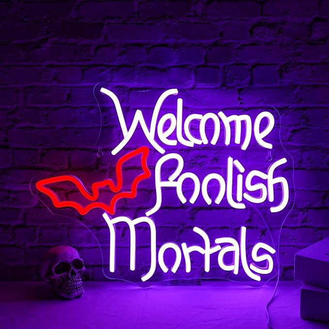 LED Neon Signs – Merry Christmas / God's Plan / Drinks / Skull Apple / Welcome Foolish Mortals / Plane Window Clouds / Little Dramatic / All You Need is Nails / Falling into Hole / Salon Hand / Wake in Bake / Licked / Pink Hand / Hamsa Blue