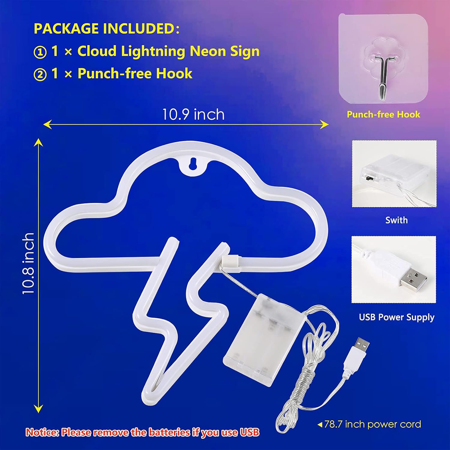 LED Cloud & Lightning Neon Sign – Battery/USB Powered Wall Light for Bedroom, Bar, Party & Wedding