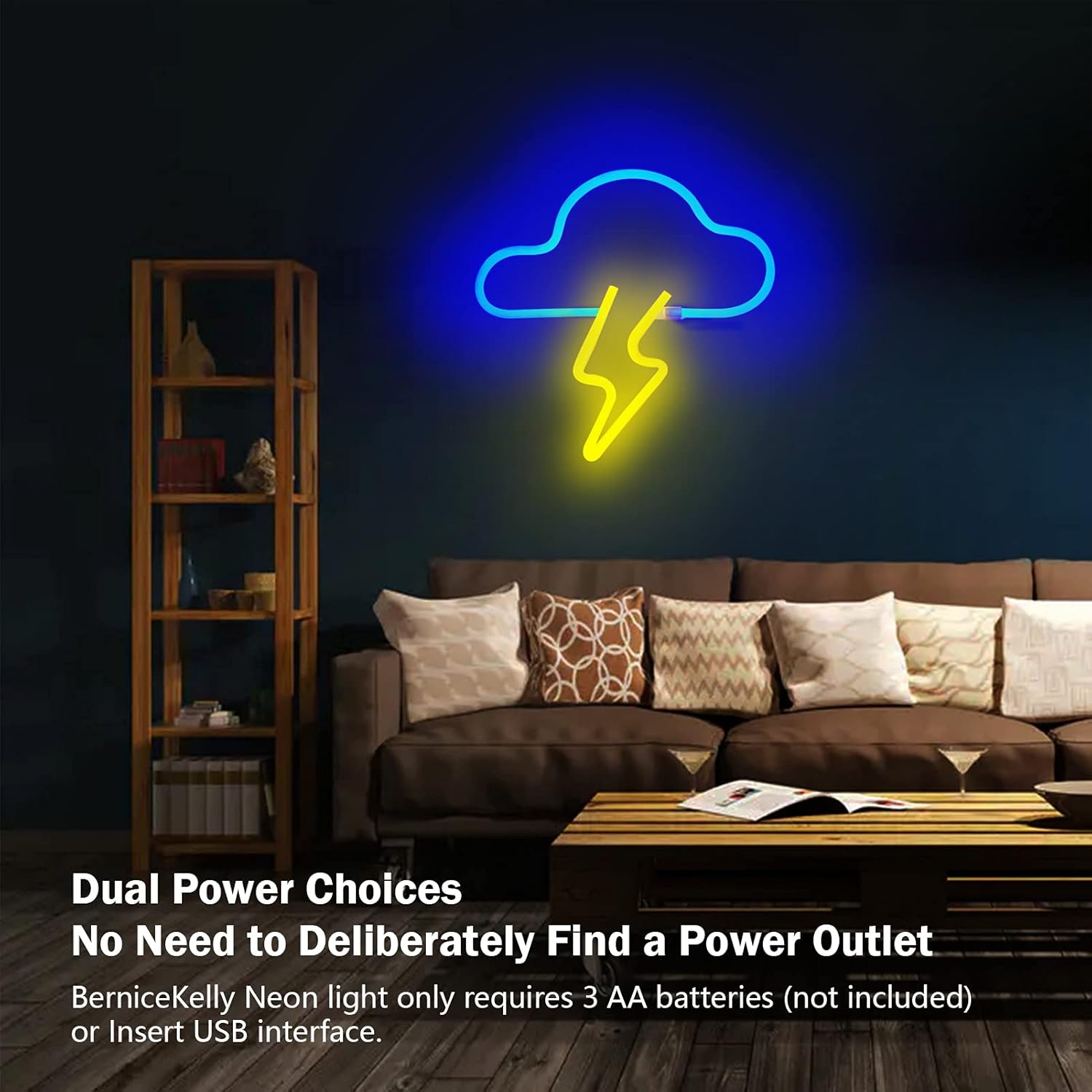 LED Cloud & Lightning Neon Sign – Battery/USB Powered Wall Light for Bedroom, Bar, Party & Wedding