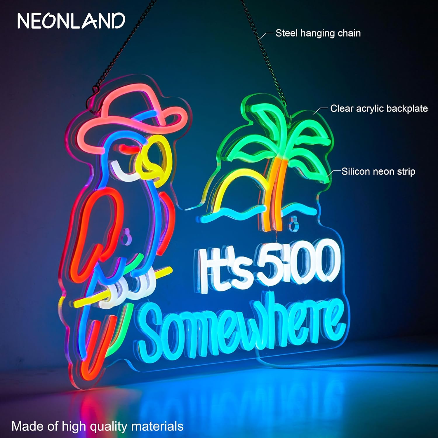 Parrot “It’s 5 O’Clock Somewhere” Neon Sign – USB Powered, Dimmable LED Wall Light for Bar & Man Cave