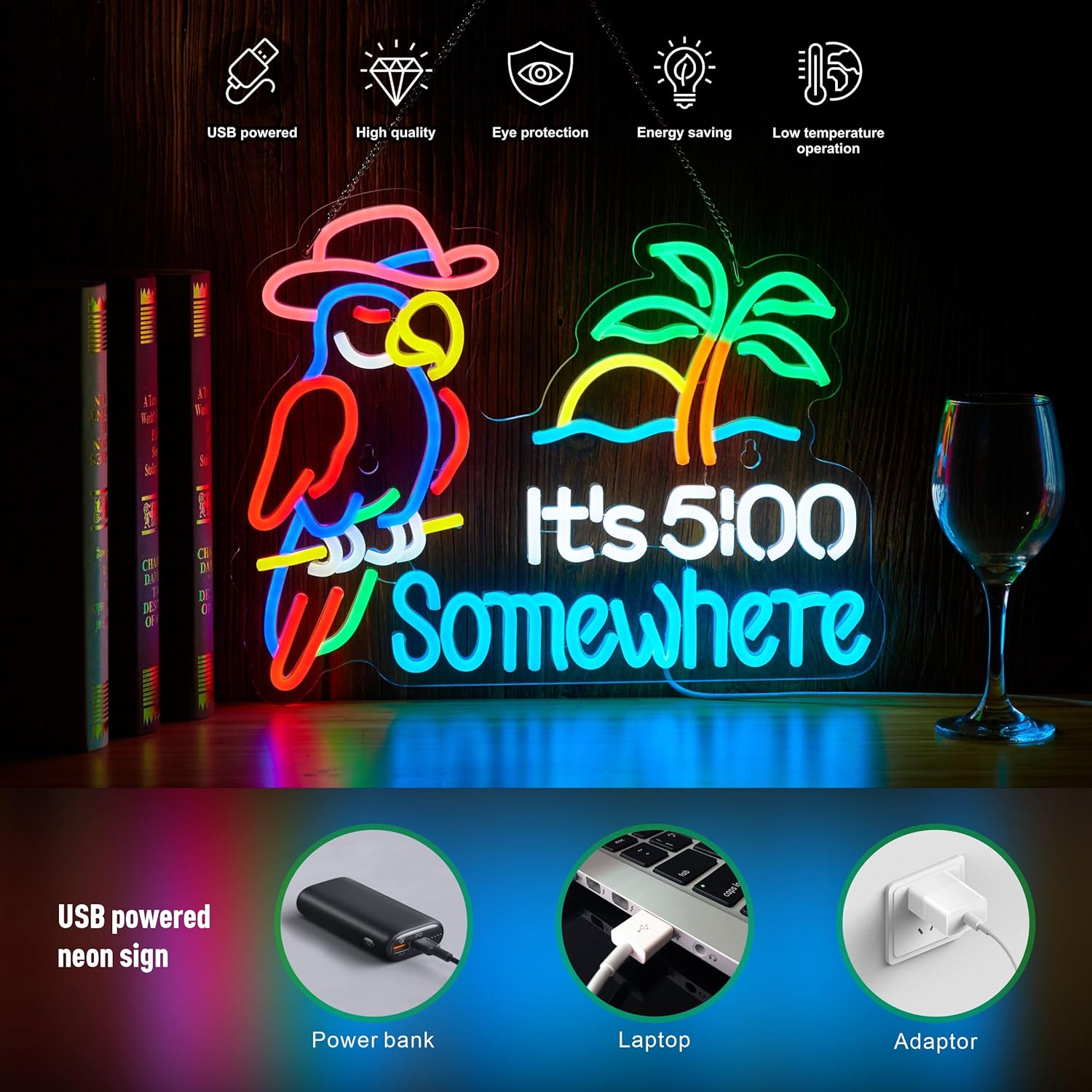 Parrot “It’s 5 O’Clock Somewhere” Neon Sign – USB Powered, Dimmable LED Wall Light for Bar & Man Cave