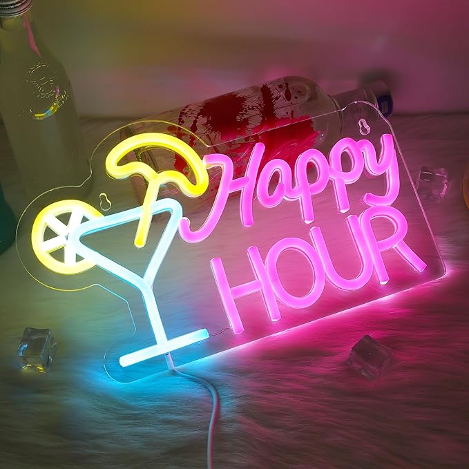 LED Neon Signs – Open / Happy Hour / Cocktails / Guitar / Rock / Bar / Girl – USB-Powered, Dimmable Wall Décor