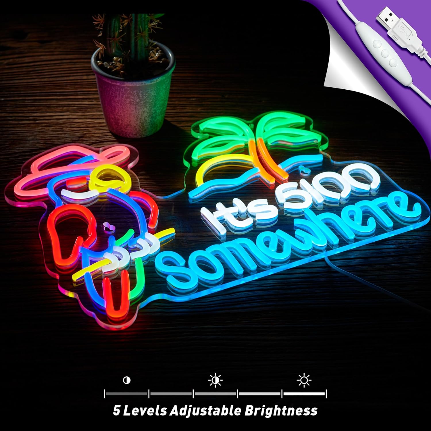 Parrot “It’s 5 O’Clock Somewhere” Neon Sign – USB Powered, Dimmable LED Wall Light for Bar & Man Cave