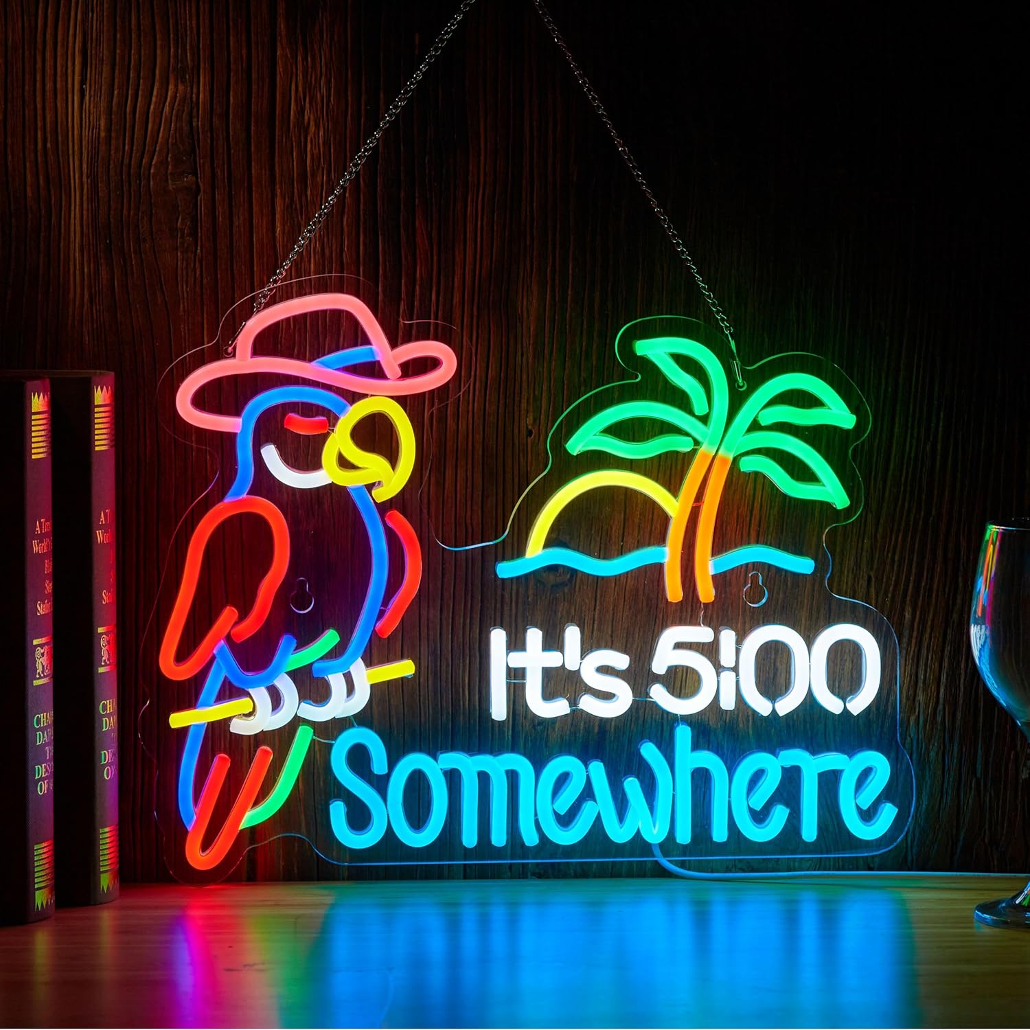 Parrot “It’s 5 O’Clock Somewhere” Neon Sign – USB Powered, Dimmable LED Wall Light for Bar & Man Cave