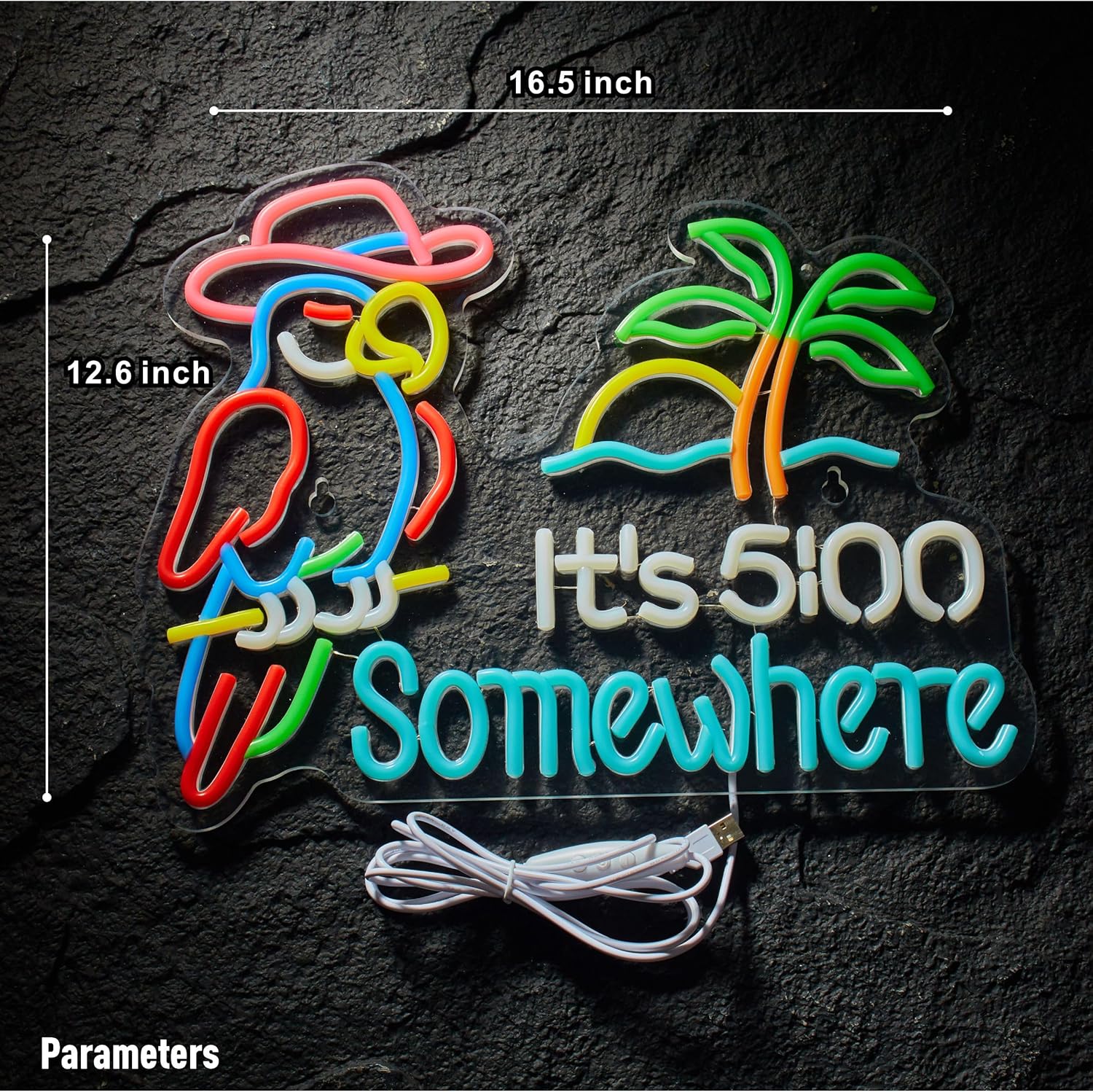 Parrot “It’s 5 O’Clock Somewhere” Neon Sign – USB Powered, Dimmable LED Wall Light for Bar & Man Cave